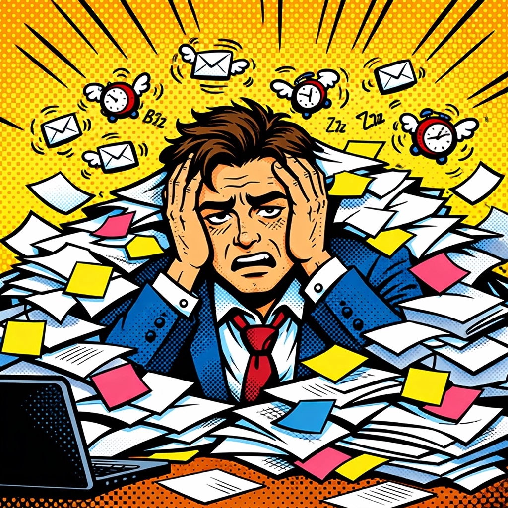 A tired business founder overwhelmed by manual paperwork and repetitive admin task bottlenecks.