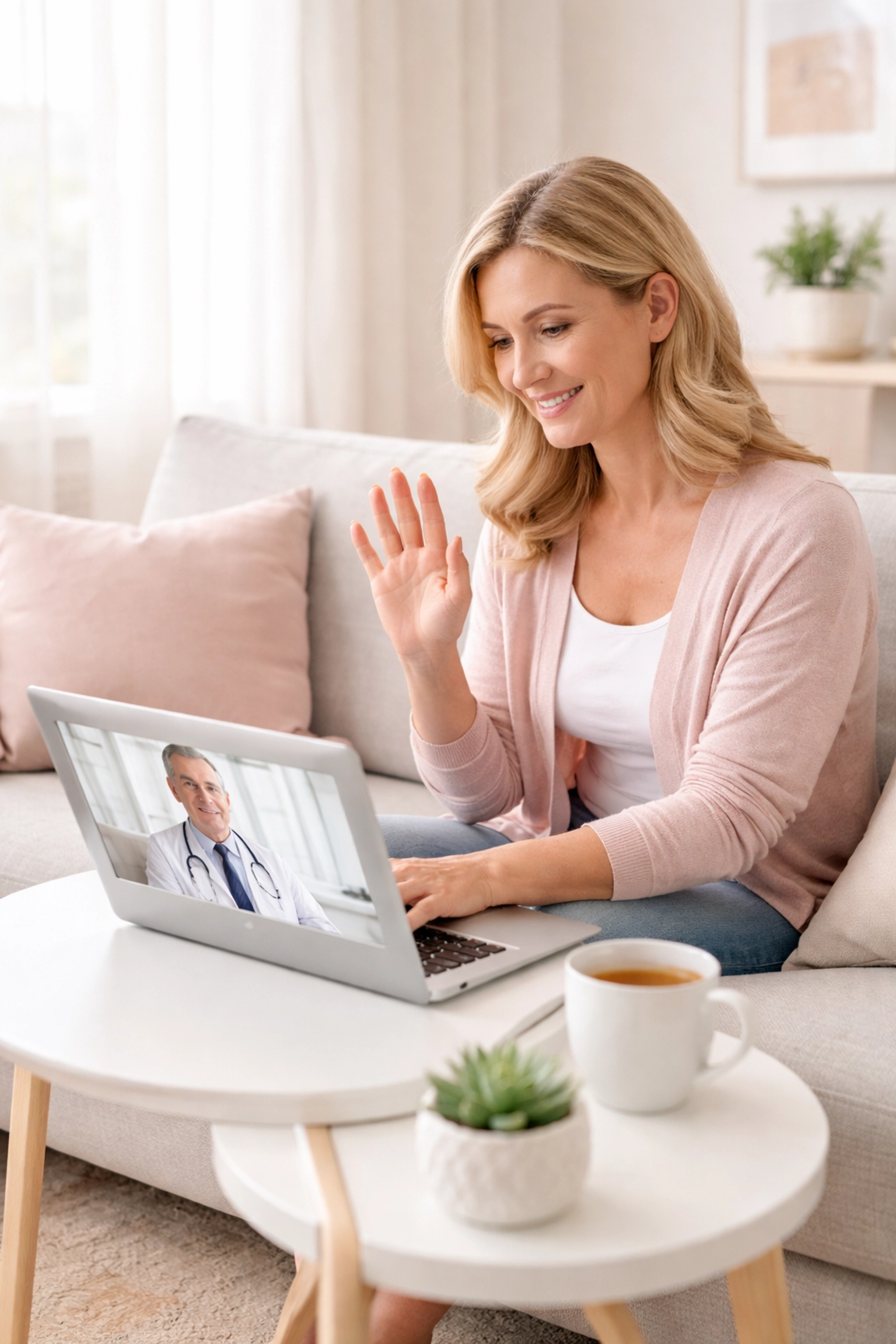 Woman having a telehealth weight loss consultation on her laptop, showing convenient online GLP-1 access