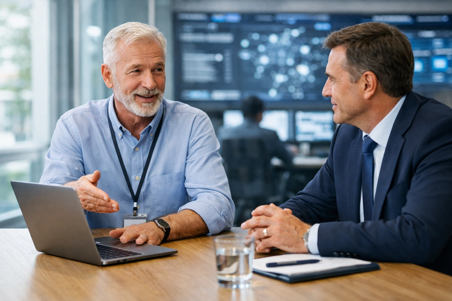 ServiceNow implementation partner discussing ITOM and ITAM data insights with a business executive.