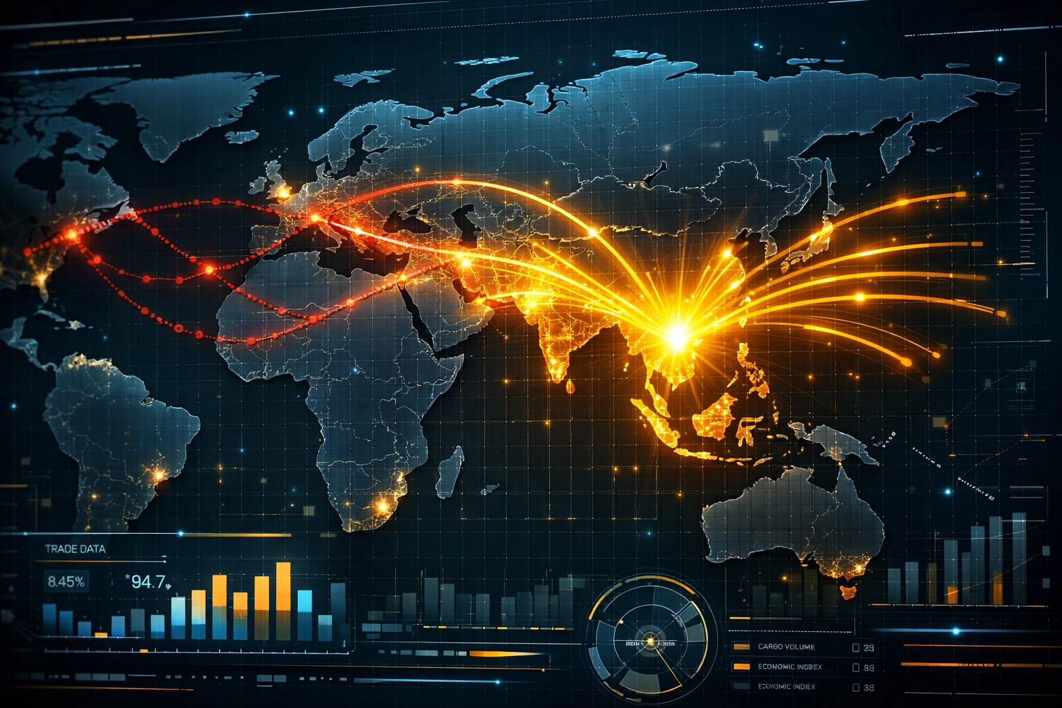Global trade map showing shifting corridors and supply chain sovereignty for the economy of India.