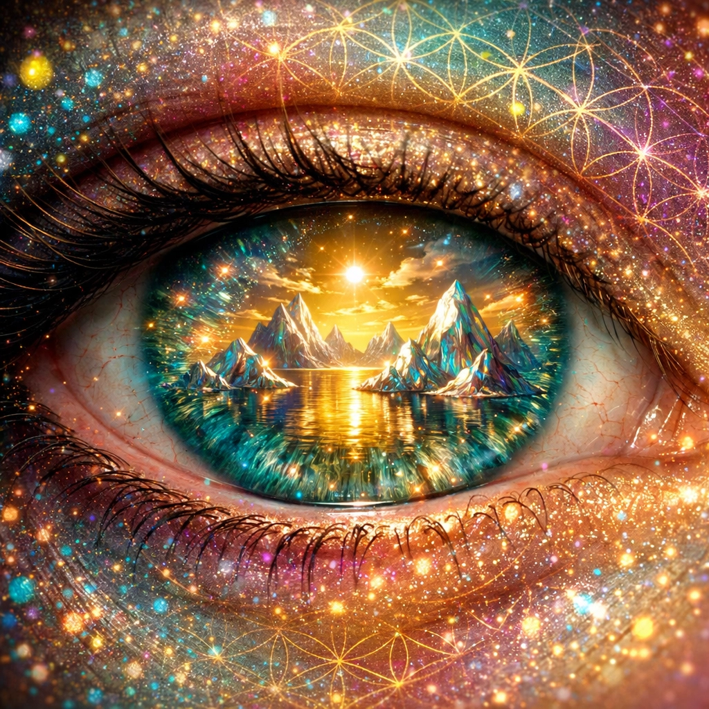 Cosmic eye reflecting a crystalline landscape, illustrating the clarity and nervous system regulation of a leader.