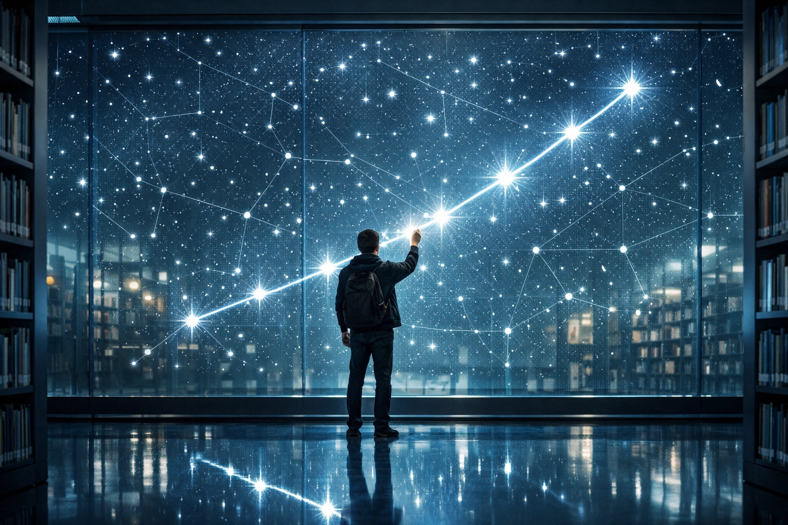 Student tracing a clear path of academic alignment for a successful Ivy League profile in a modern library.