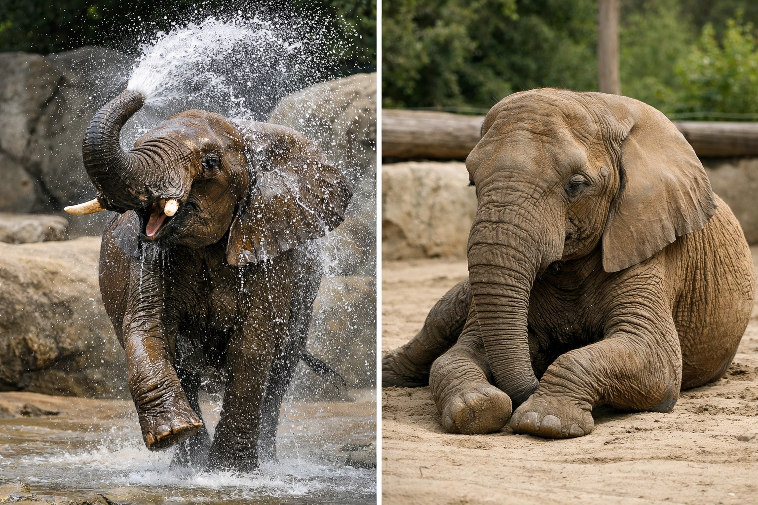 Elephant comparison showing action shot versus calm pose for animal stock photography