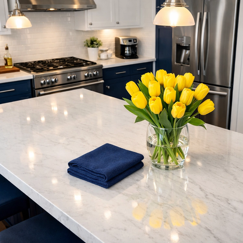 Spotless marble kitchen island and stainless steel appliances cleaned with eco-friendly solutions.