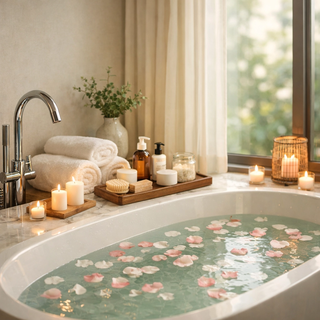 Luxury spa bathroom with soaking tub and rose petals at NYC hotel
