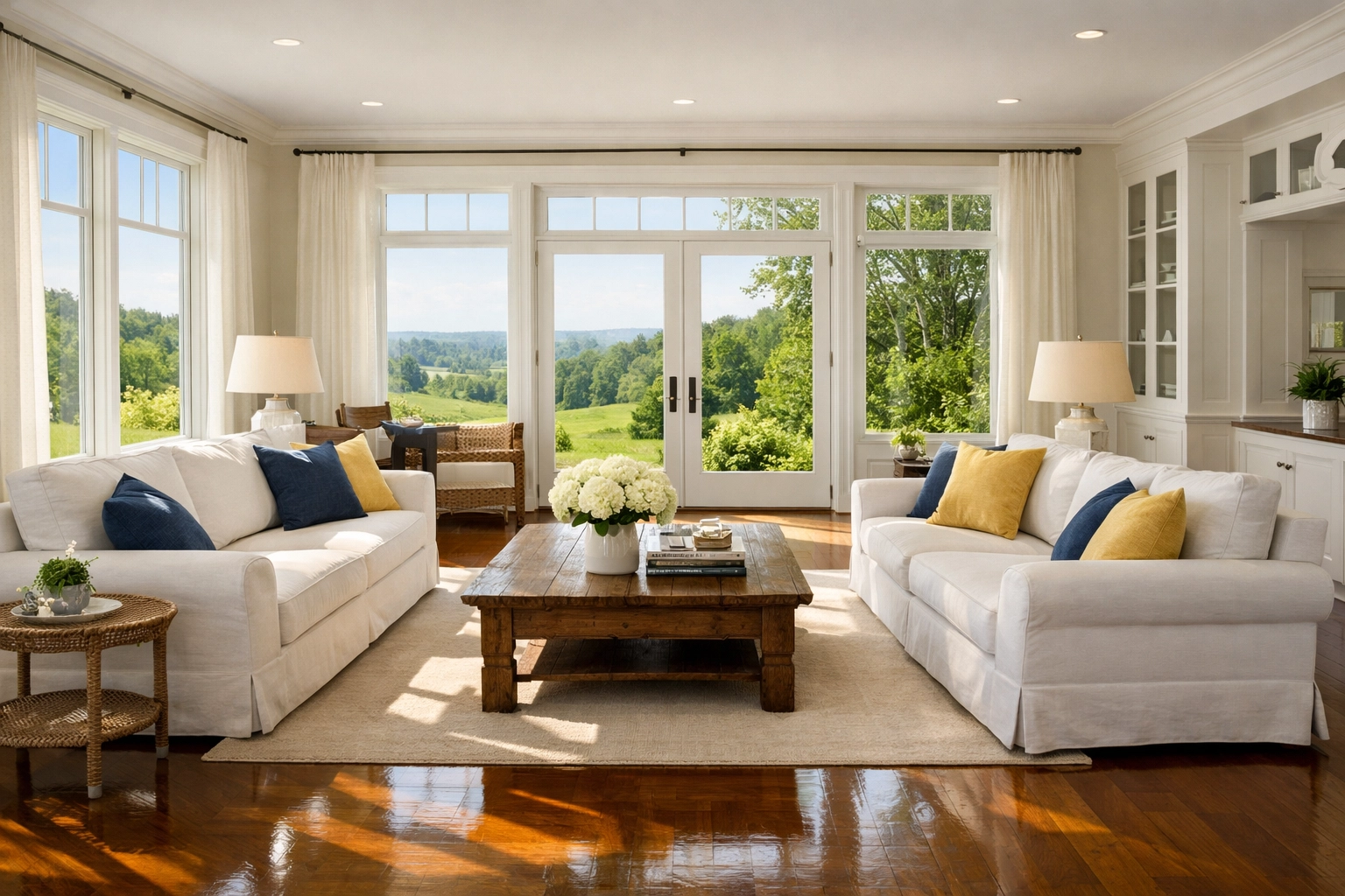 A pristine, sun-lit living room in a Stow home showing the stress-free results of professional cleaning.