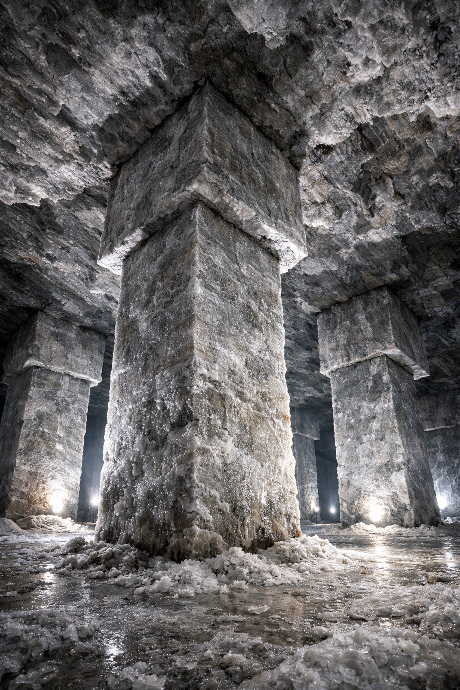 Gigantic salt pillars supporting the ceiling of the Detroit salt mine to ensure surface stability.