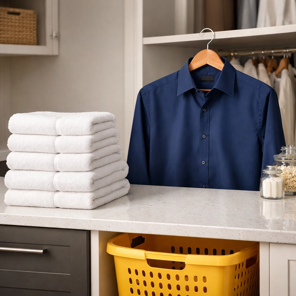 Perfectly folded laundry and ironed clothes in a clean, high-end laundry room in Wrentham, Massachusetts.