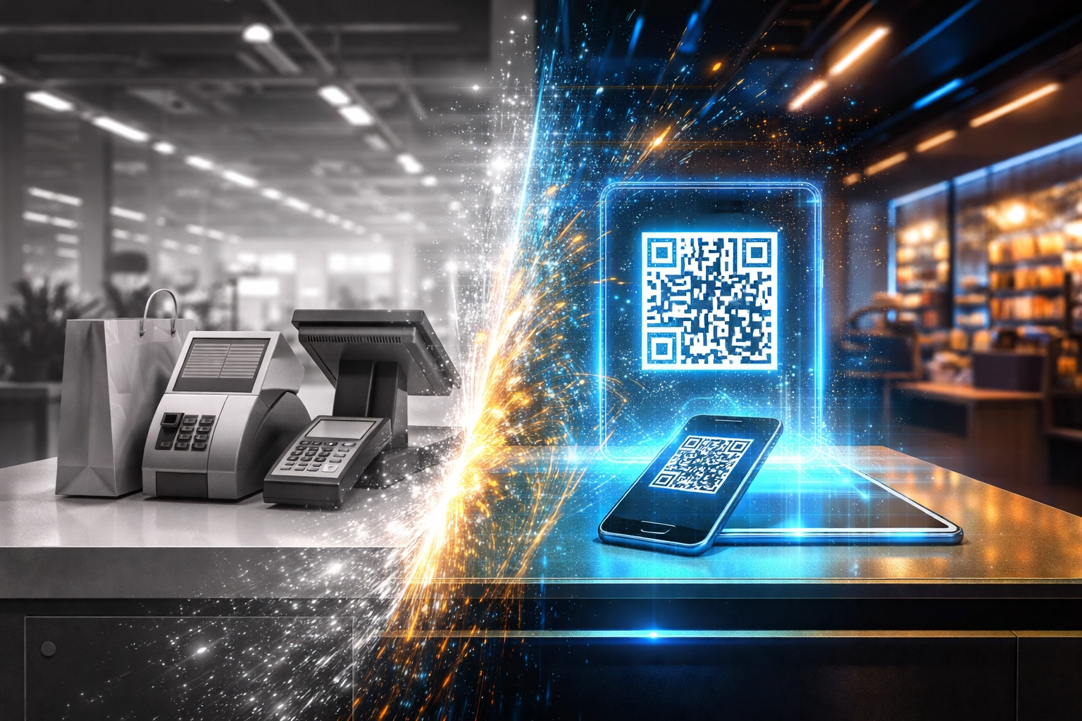 Checkout counter evolving from cash registers to QR code payments, highlighting retail payment innovation