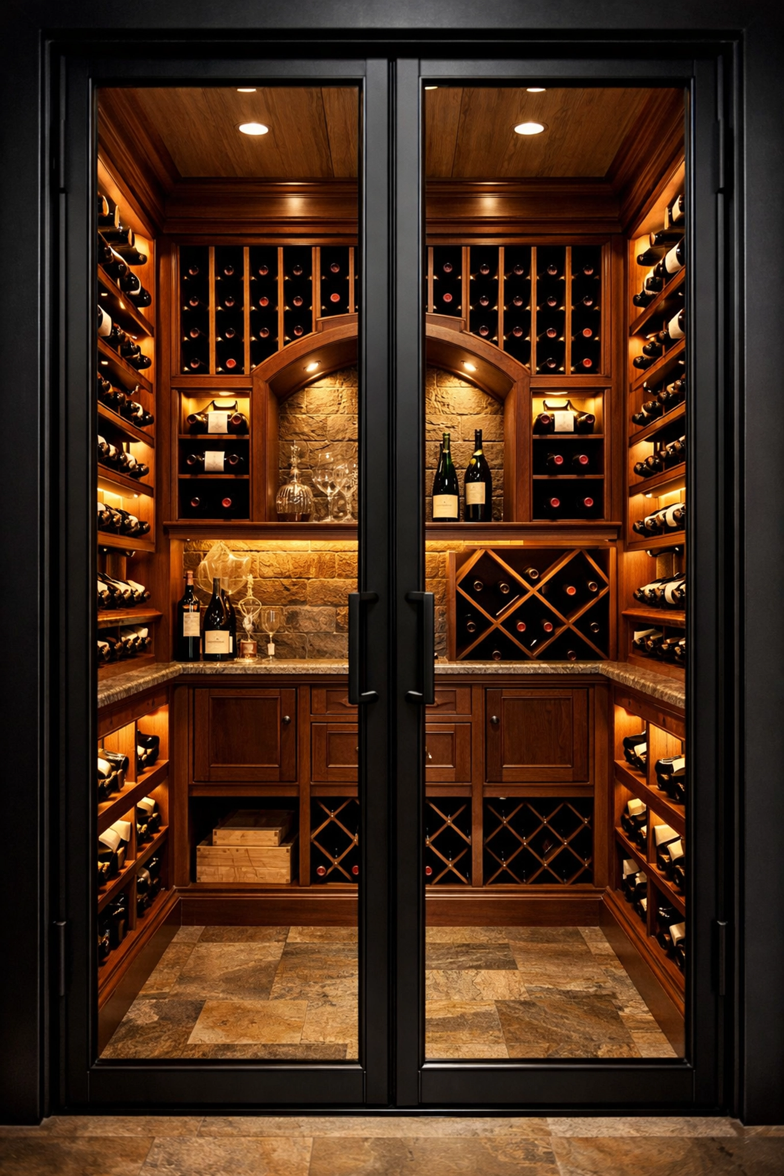 Luxury custom wine room with mahogany wine racks and an insulated glass door with black framing.