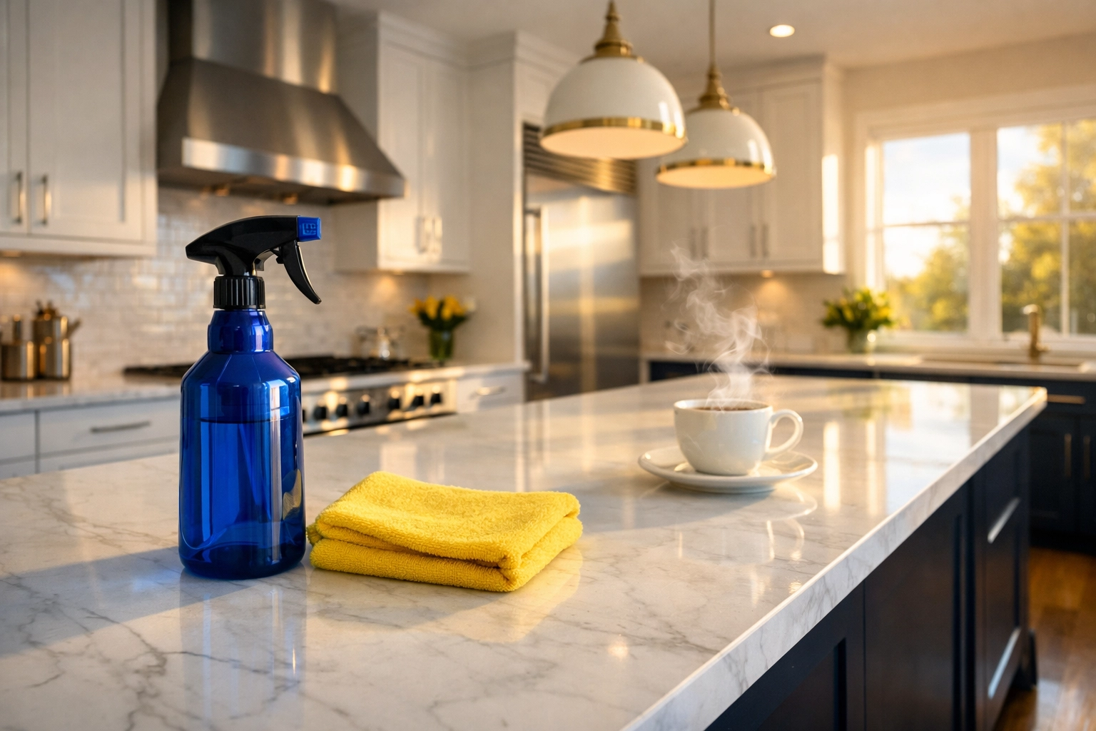 Professional blue spray bottle and microfiber cloth on a white marble counter for deep cleaning Lowell MA.