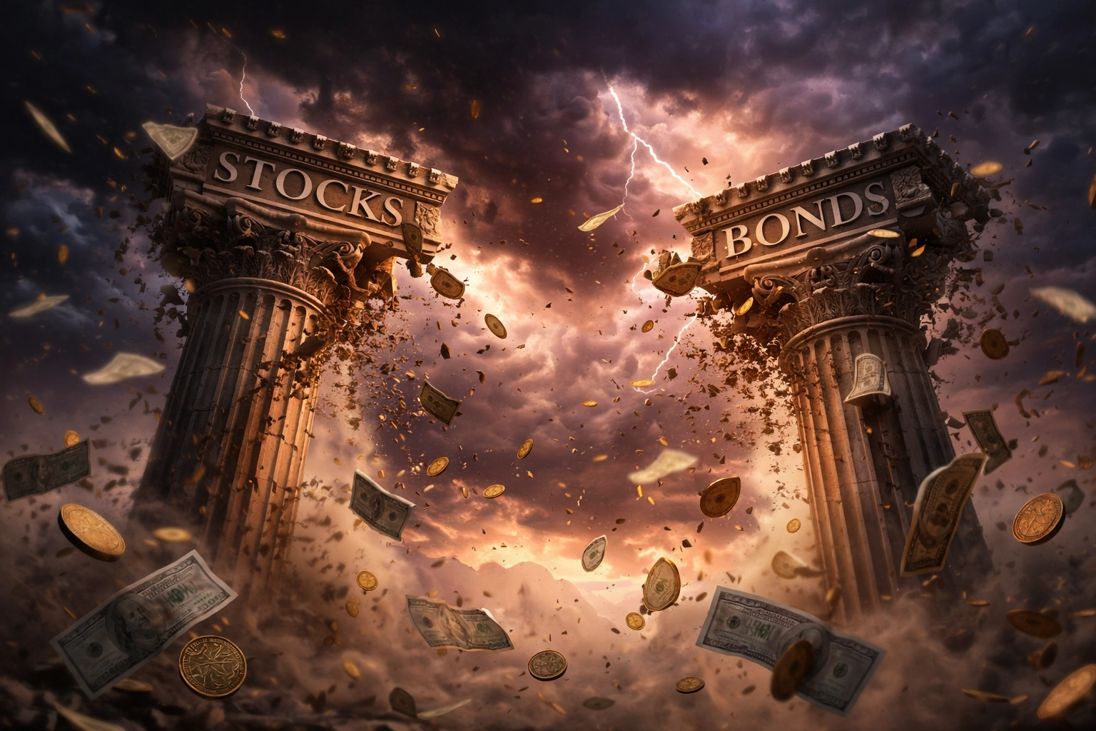 Illustration showing stocks and bonds collapsing during a market downturn, highlighting 60/40 portfolio risk.