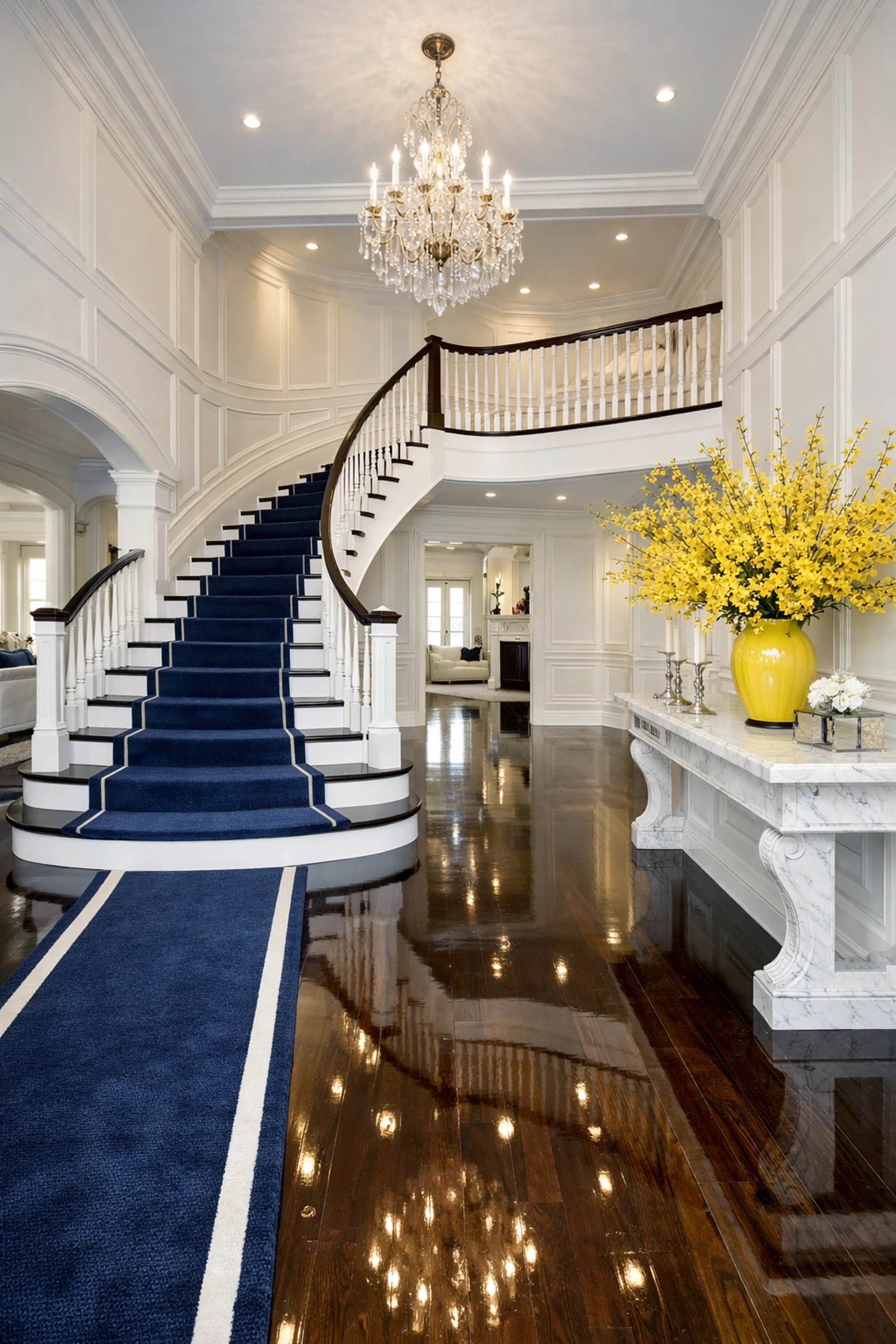 Pristine Dover estate foyer with polished hardwood floors showcasing residential cleaning Massachusetts excellence.