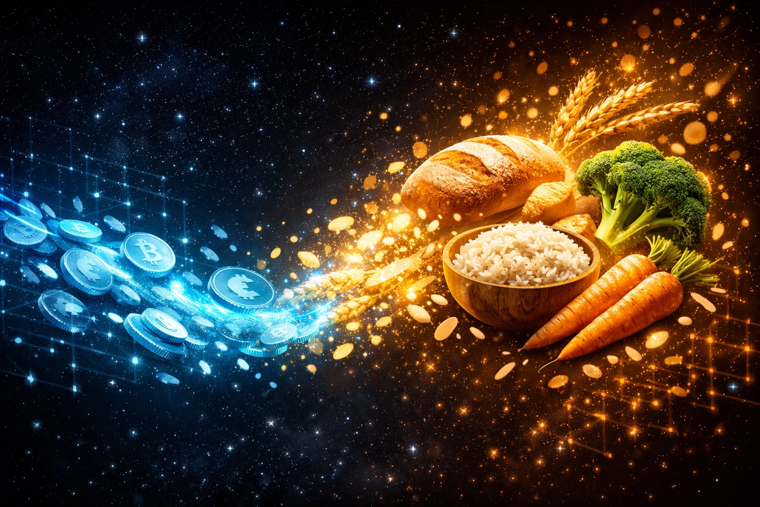 Larecoin cryptocurrency coins transforming into food items showing automatic hunger relief impact