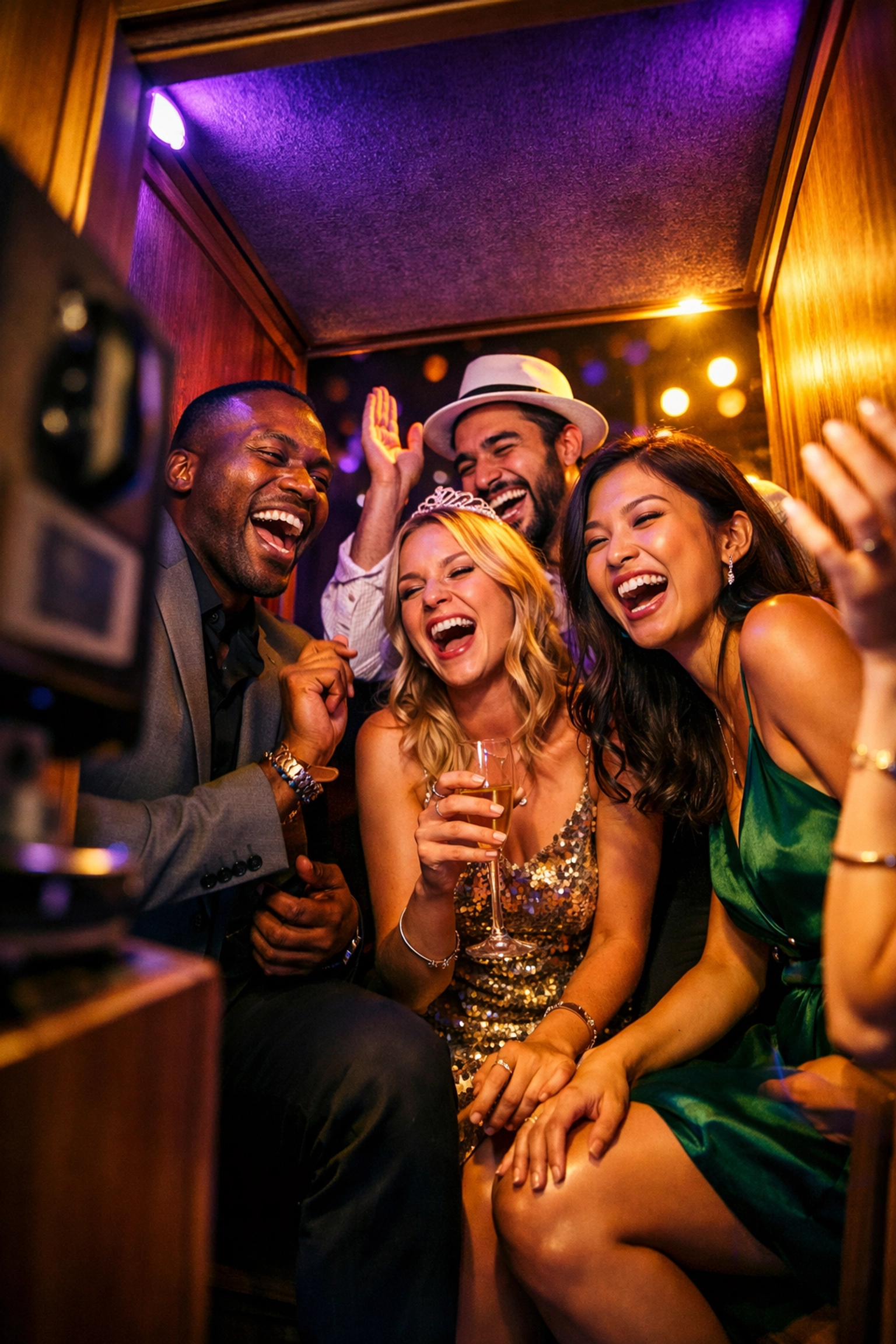 Diverse event guests celebrating inside luxury enclosed photo booth with dramatic lighting