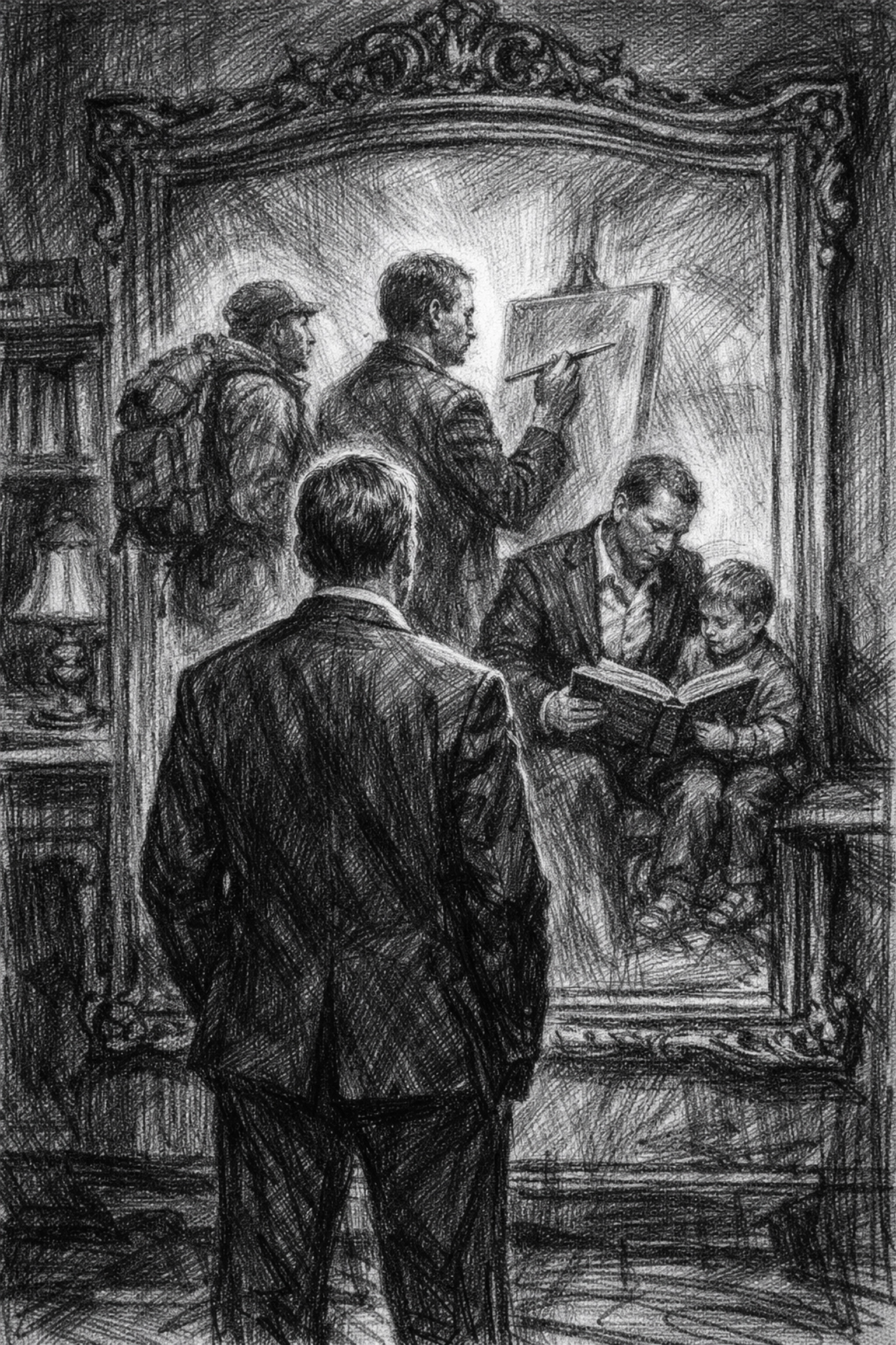 Sketch of a business owner seeing new life identities in a mirror after a successful company exit.