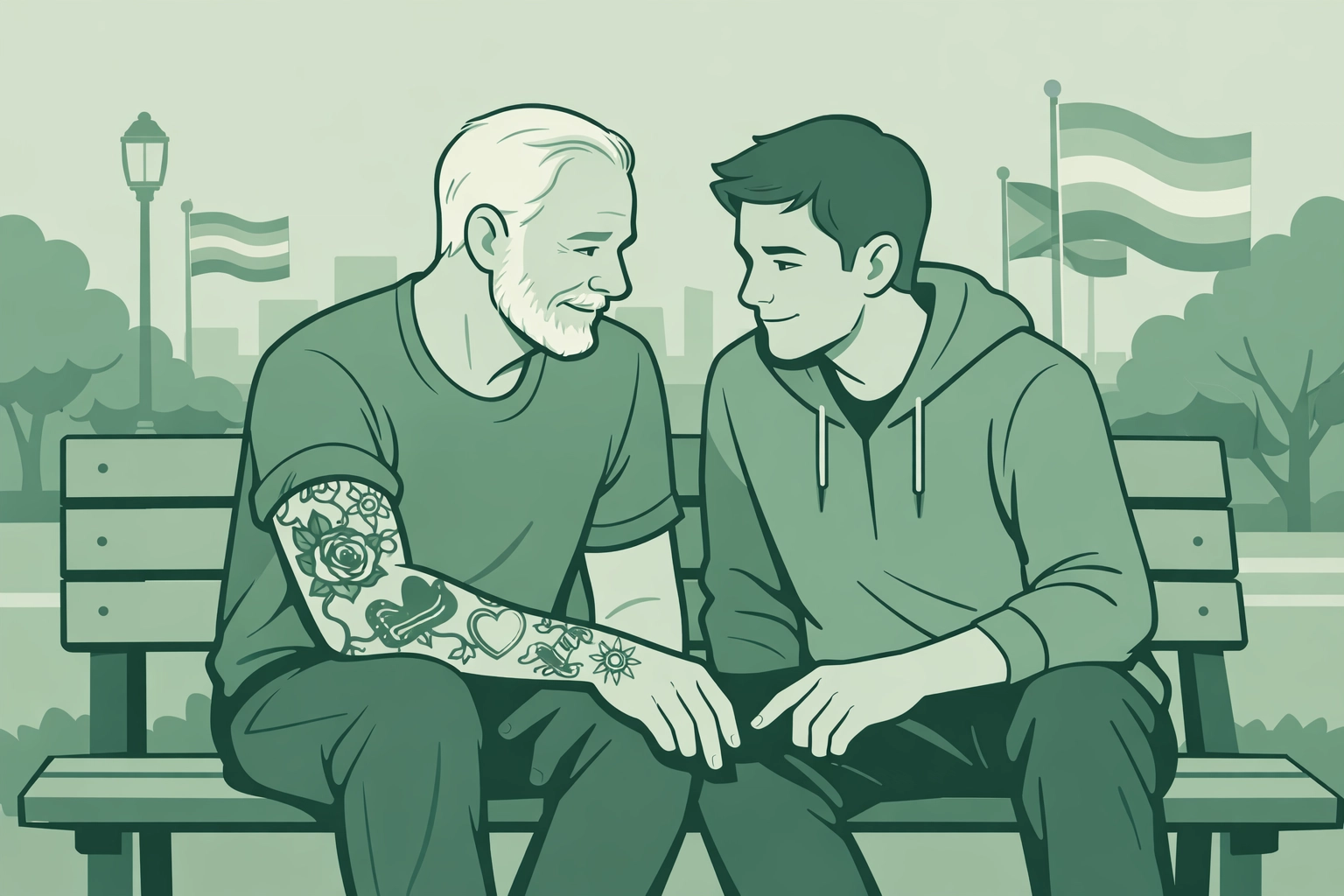 Intergenerational gay couple discussing tattoo memories representing LGBTQ+ history