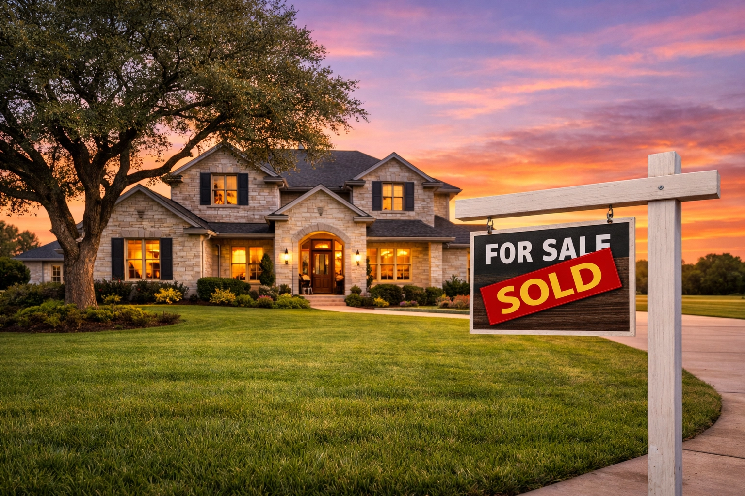 Modern Texas house with a sold sign during sunset, representing successful home ownership and budgeting.