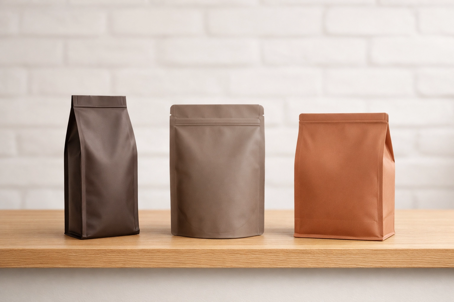 Premium coffee packaging styles including side-gusset and stand-up pouches on a minimalist retail shelf.