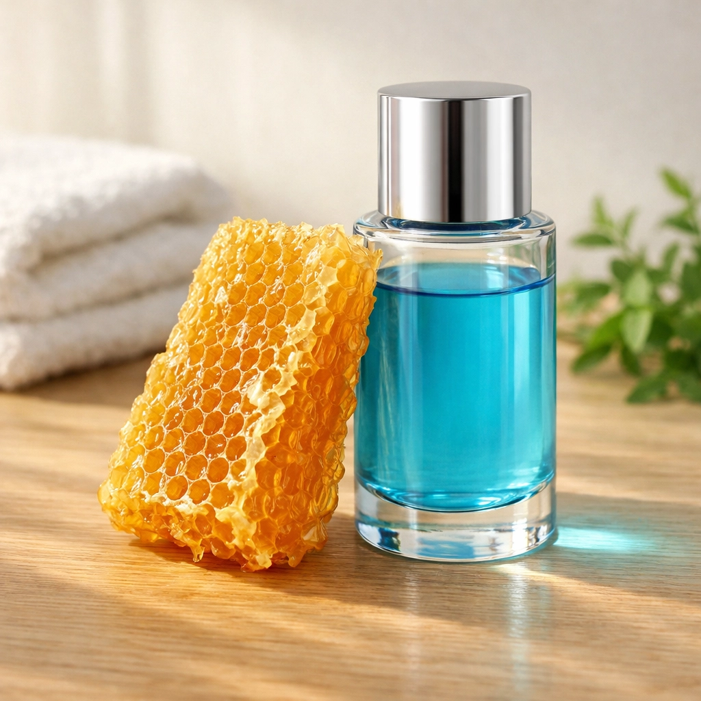 Natural honeycomb and blue copper peptide moisturizer, highlighting the synergy of bee venom and GHK-Cu for skin health.