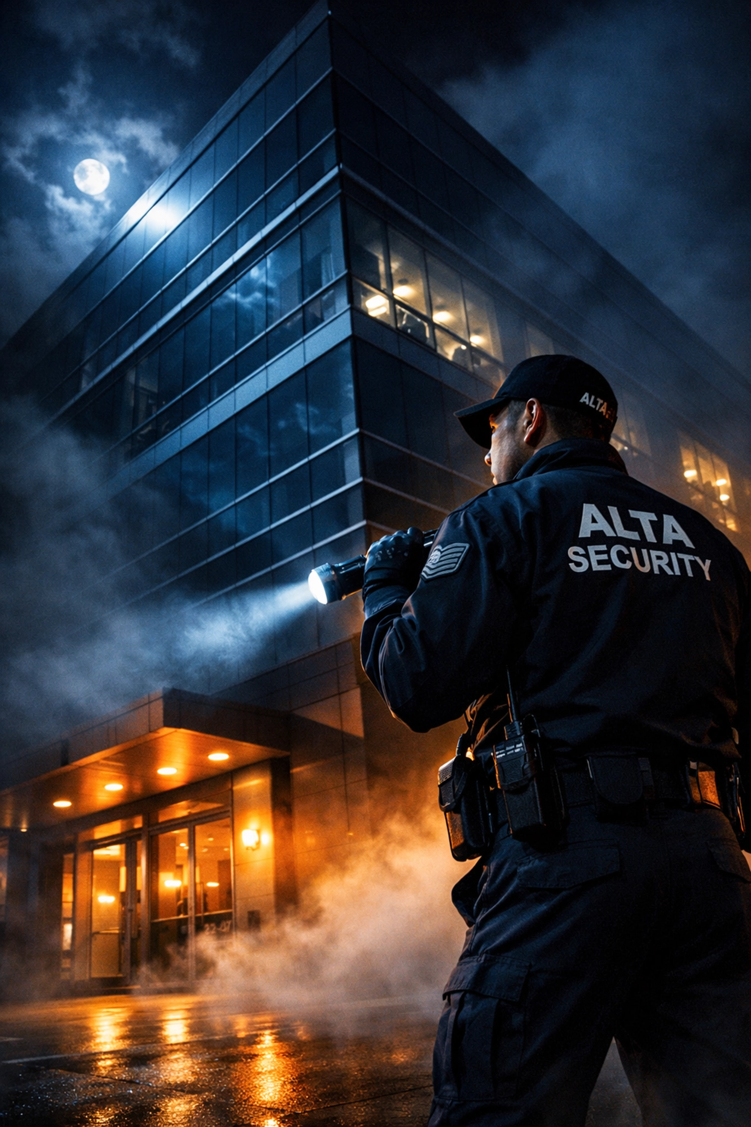 Security guard monitoring Northern Virginia commercial building at night with flashlight and radio