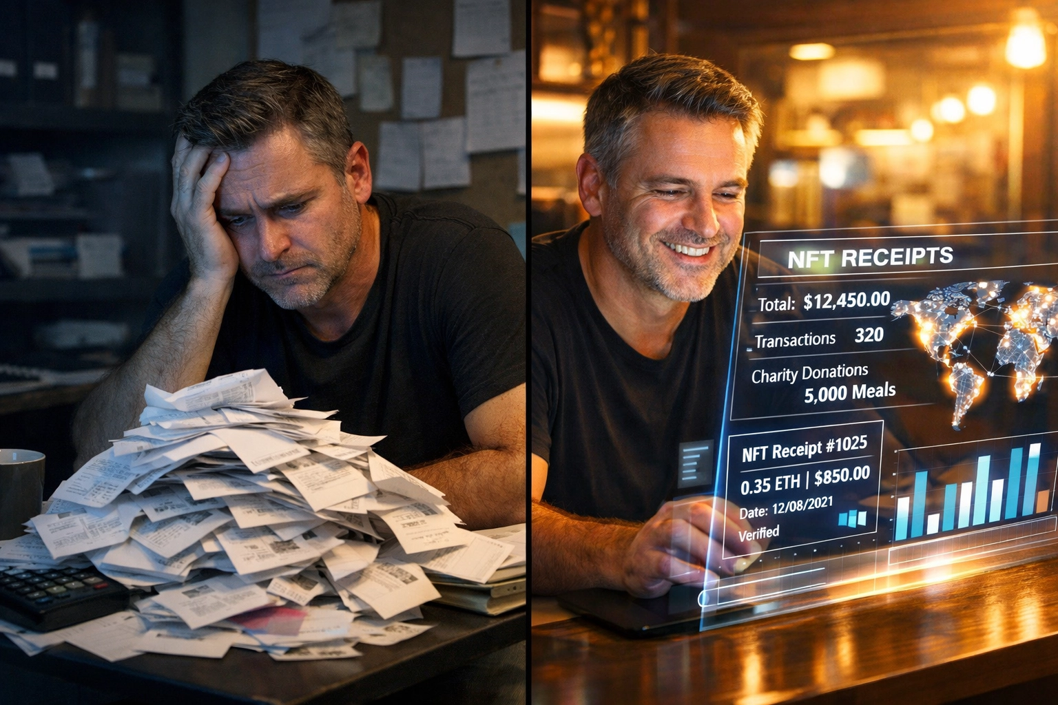 Merchant comparing traditional receipts versus blockchain NFT receipts with global impact tracking