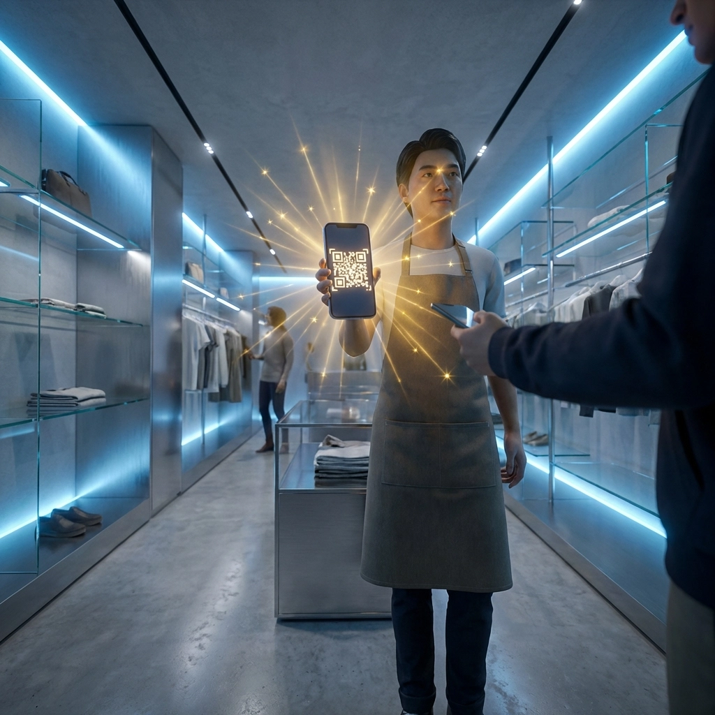 Merchant using QR code payment in a modern retail store, showcasing contactless crypto transactions