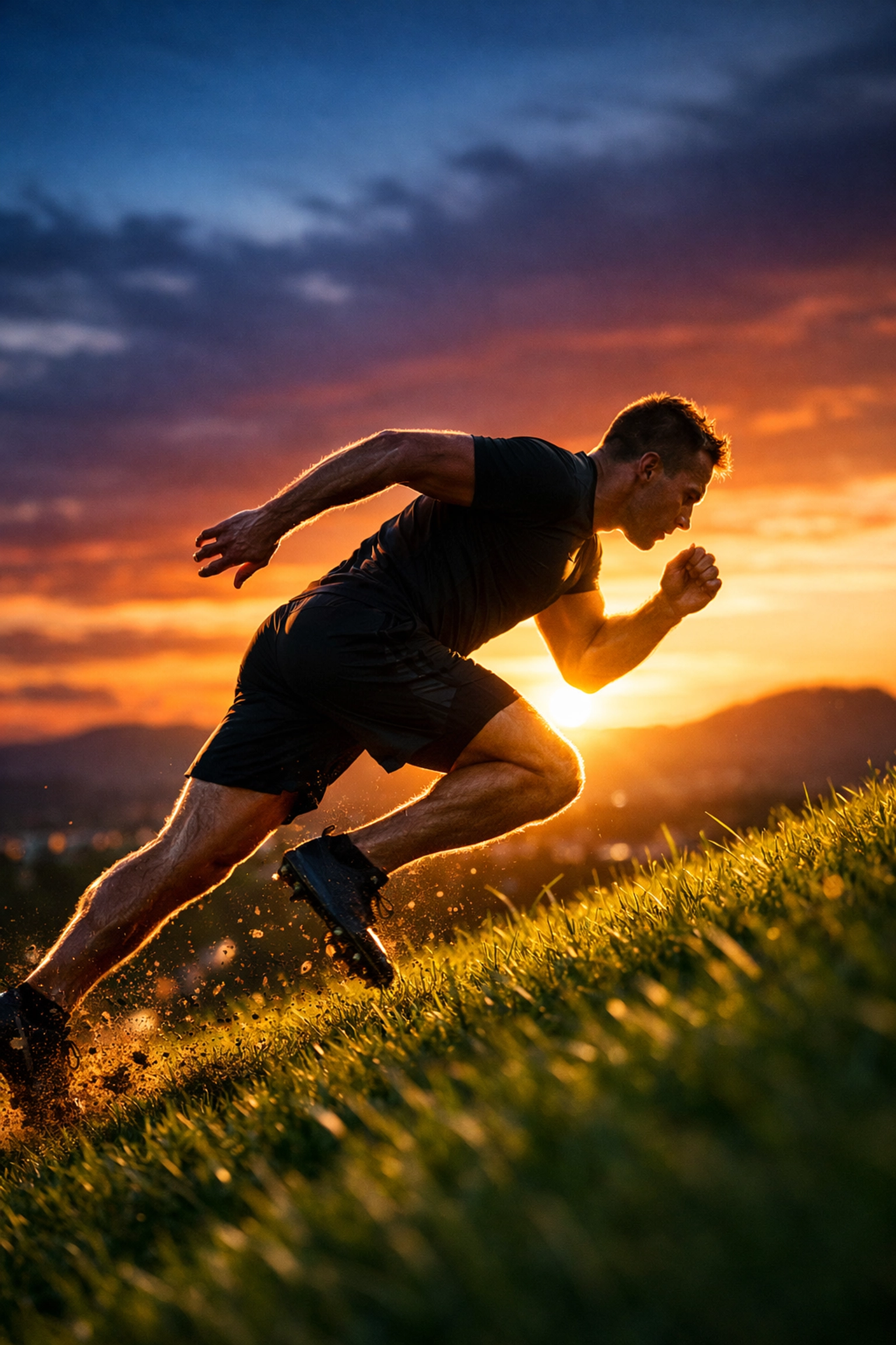 Athlete sprinting up a hill with a 45-degree forward lean to build explosive power and breakaway speed.