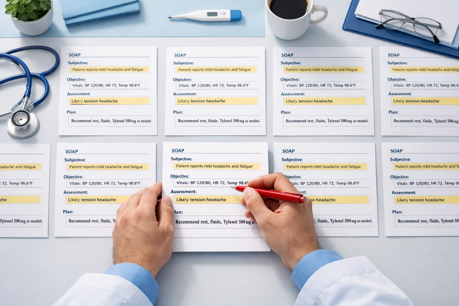 Multiple identical AI-generated SOAP notes showing template-clone documentation red flag