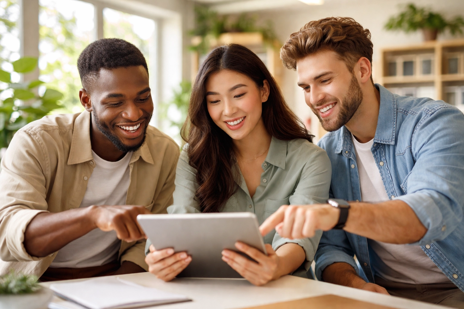 Group of young adults collaborating around a tablet, showcasing teamwork and success through microcredentials