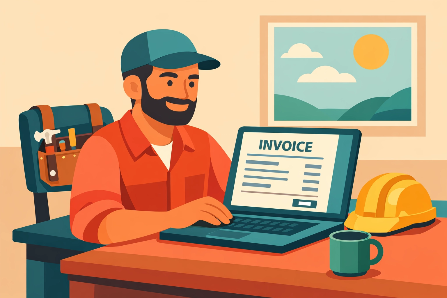 Small business contractor using simple invoicing software at desk with confidence