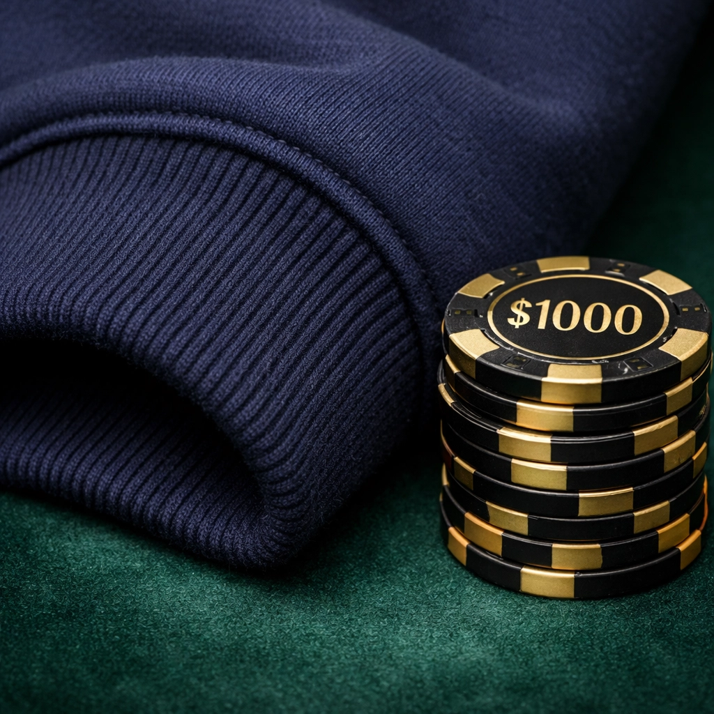 Close-up of a premium navy hoodie sleeve next to high-value casino chips on a blackjack table.