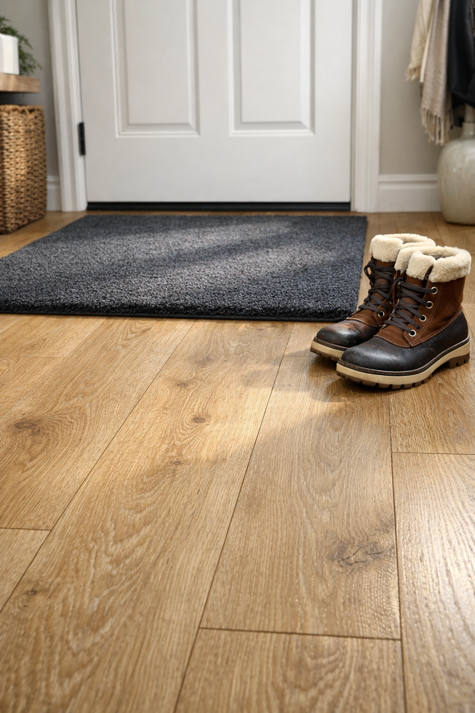 Waterproof luxury vinyl flooring in a Saskatoon rental entryway protected by a winter floor mat.