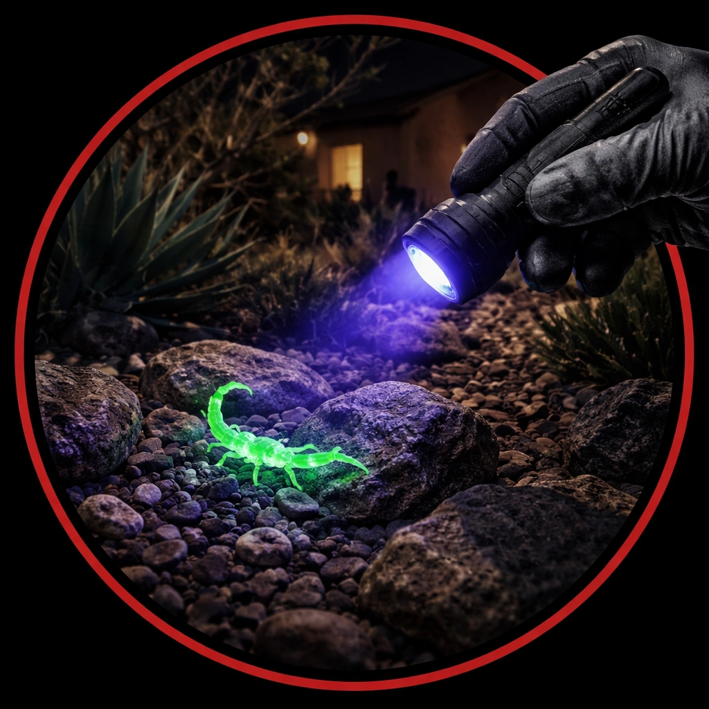 Gloved hand holding UV flashlight revealing a glowing bark scorpion on Arizona landscaping rocks during a nighttime inspection.