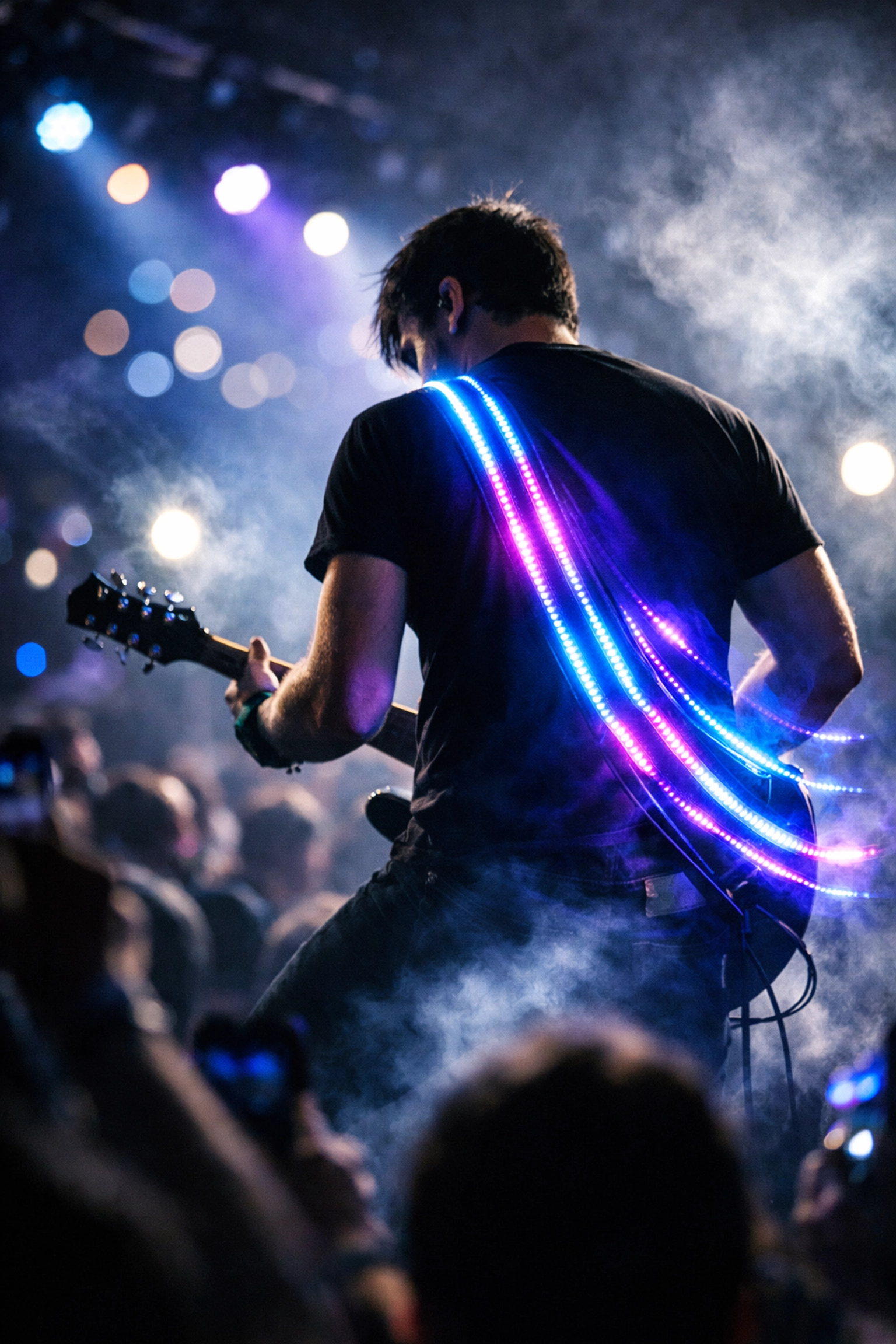 Guitarist performing live with sound-activated LED guitar strap glowing blue and purple on stage