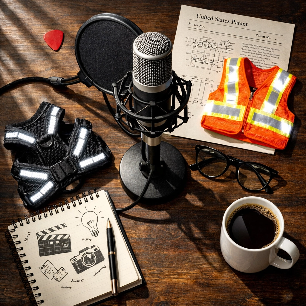 Podcast recording setup with guitar pick, patent papers, and LED vest representing multi-hyphenate roles