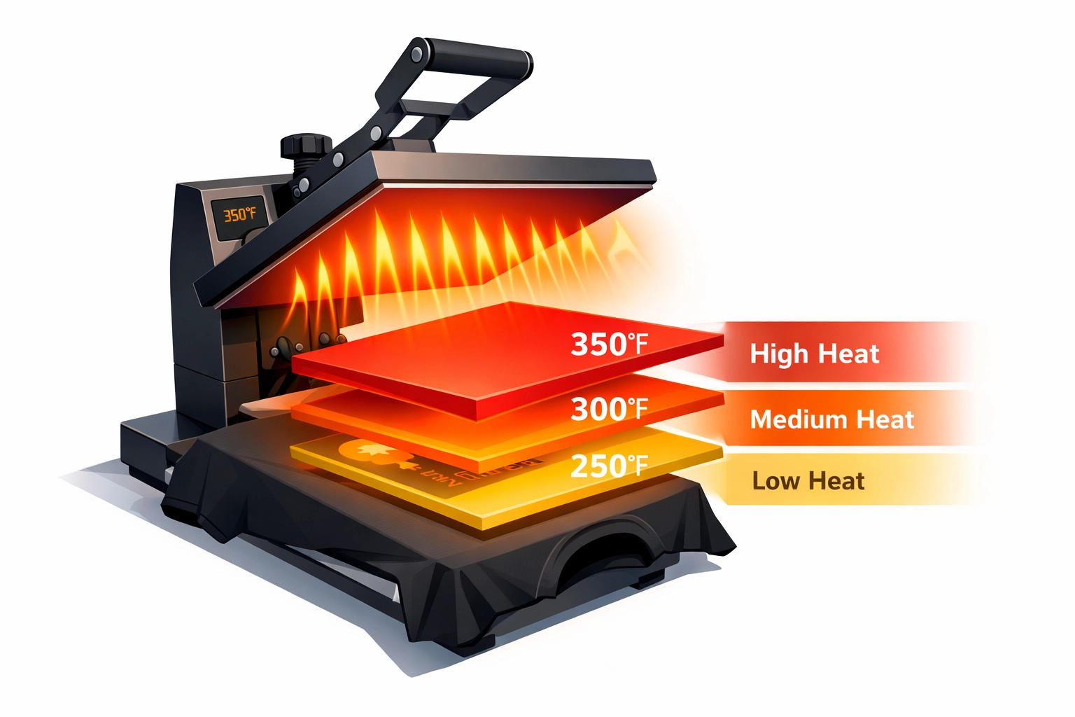 Heat press machine curing DTG printed garment with proper temperature control
