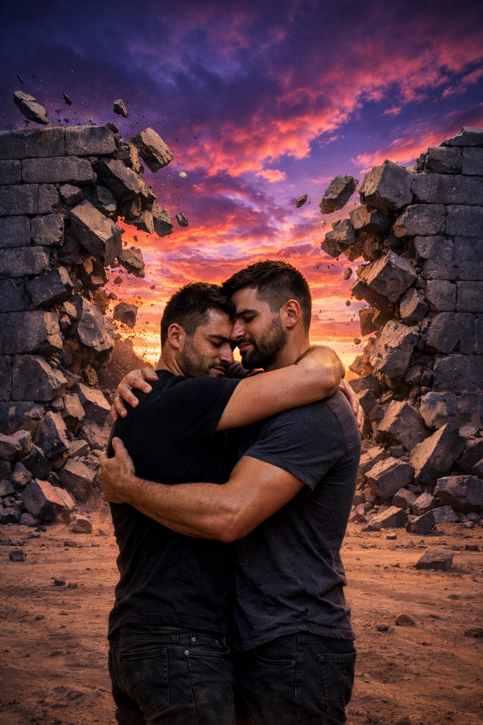 Two gay men embracing as a wall breaks, showing the liberation found in queer philosophy and spirituality.