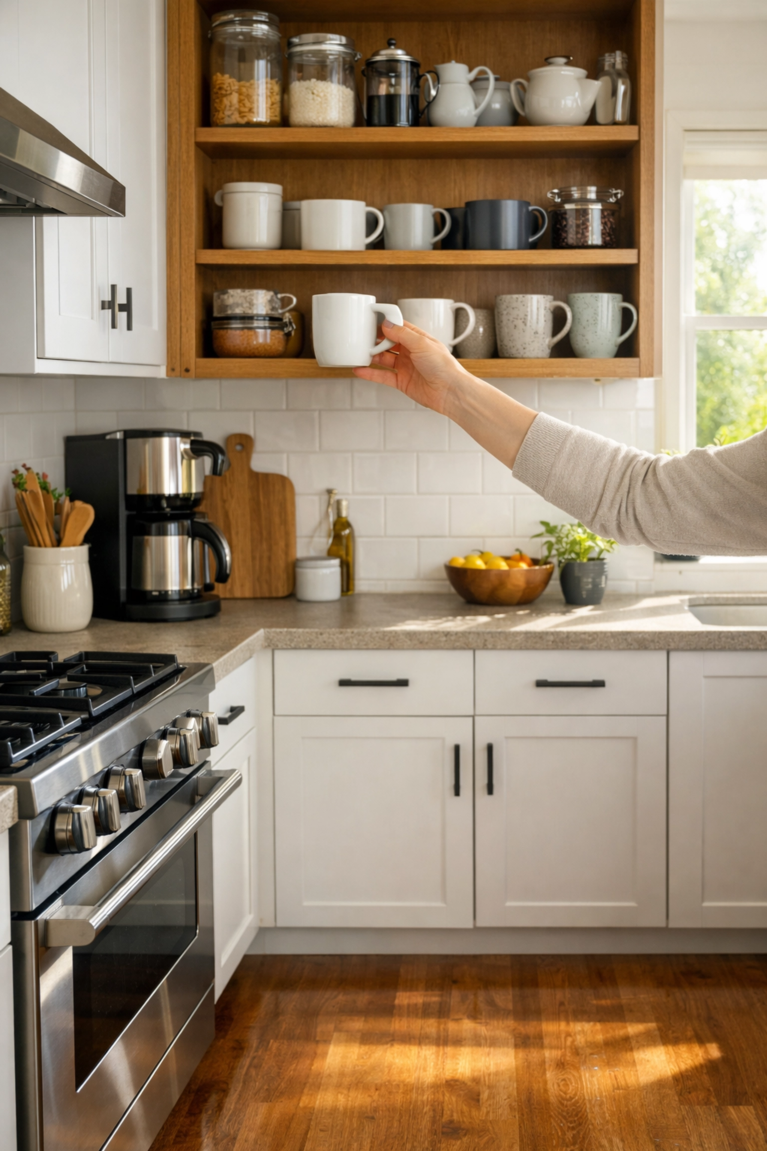 Organized kitchen storage showing items at shoulder height to improve accessibility and safety.