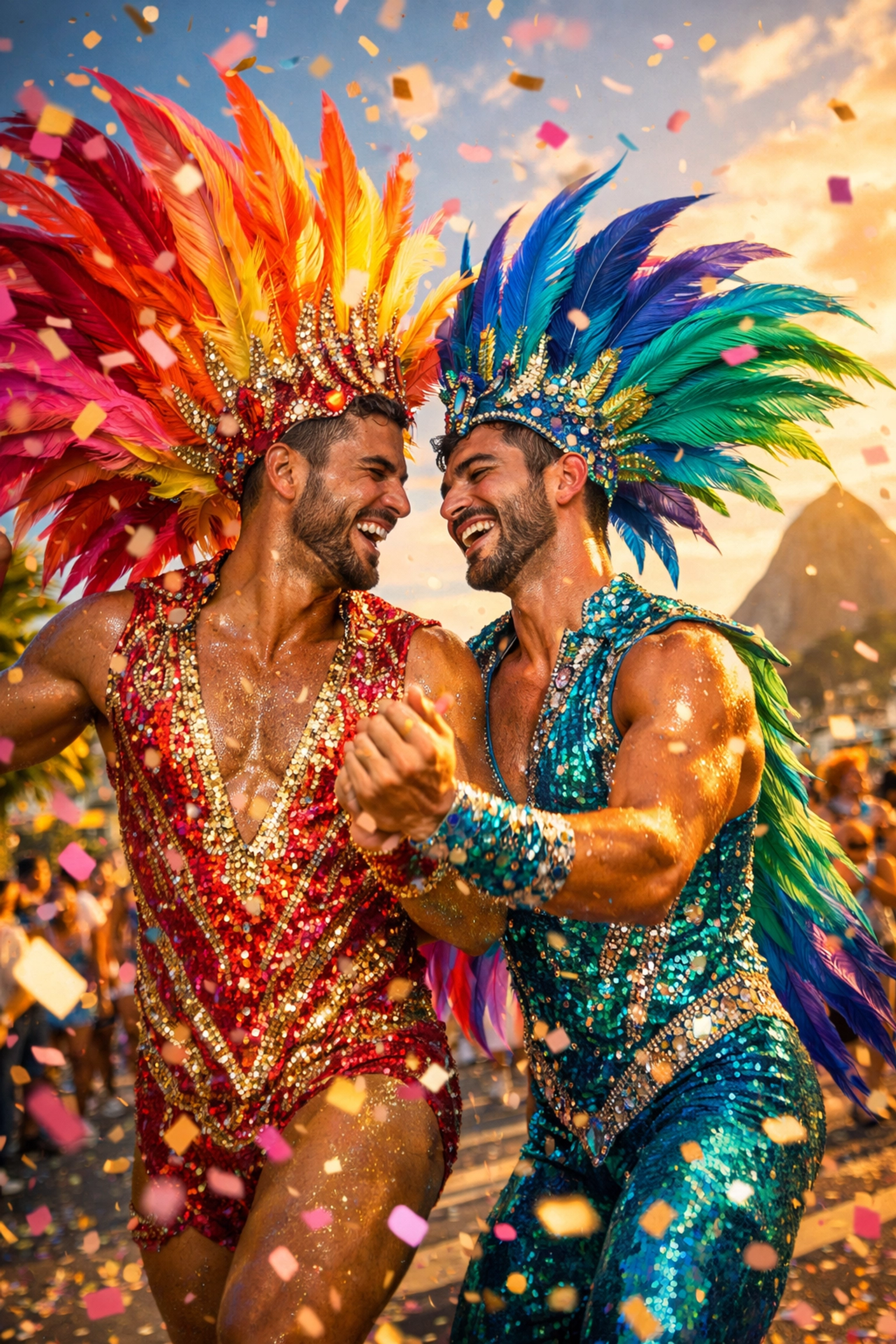 Two gay men dancing in elaborate feathered costumes at Rio Carnival celebration