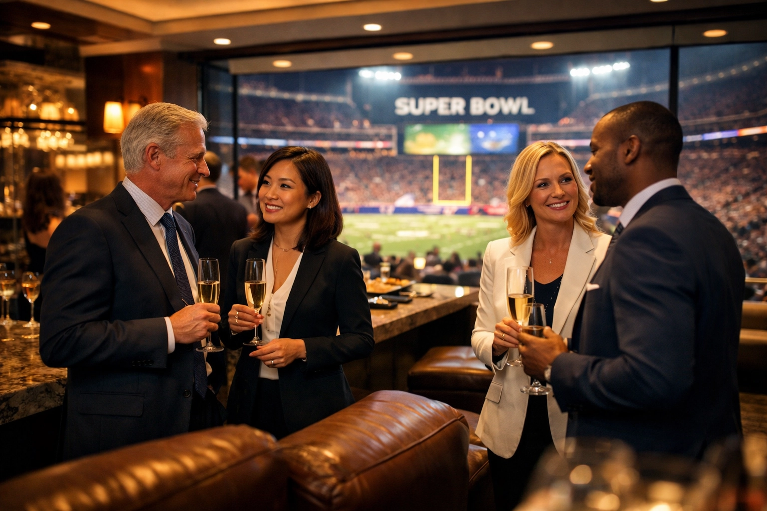 Executives networking in luxury Super Bowl VIP suite with stadium field view
