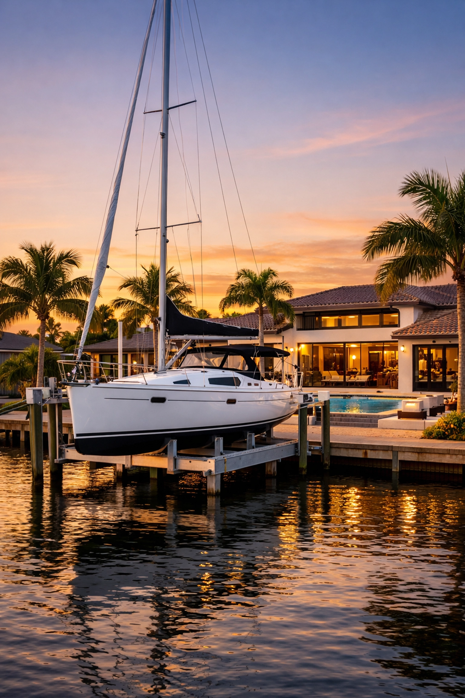 Direct sailboat access SWFL waterfront home in Cape Coral with a boat docked at a private lift.