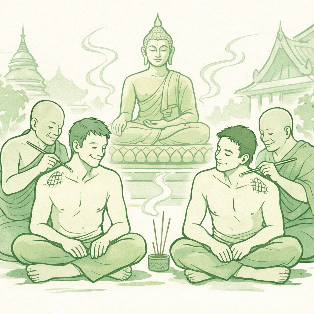 Gay couple receiving traditional Sak Yant tattoos in Thailand temple