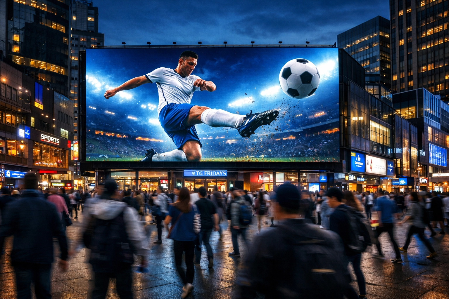 Large digital billboard in a city square displaying live sports content for sports DOOH advertising.