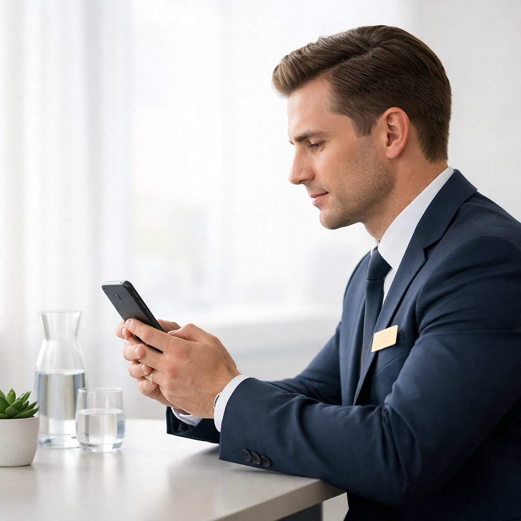 A hotel manager using mobile PMS software on a smartphone to streamline daily operations and efficiency.