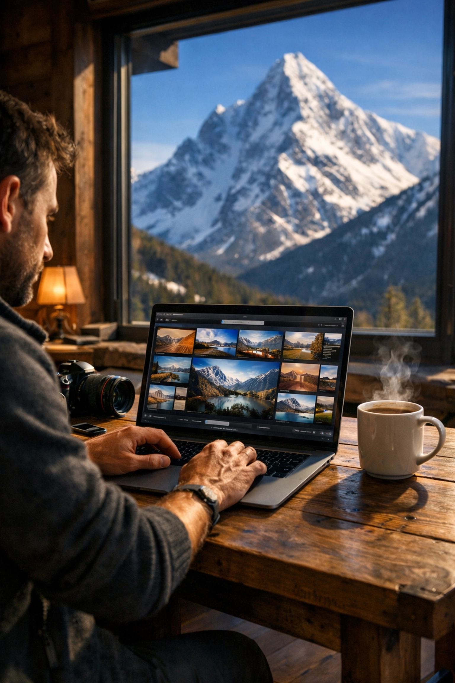 Photographer editing travel images in a mountain cabin, one of the best photography locations for work.