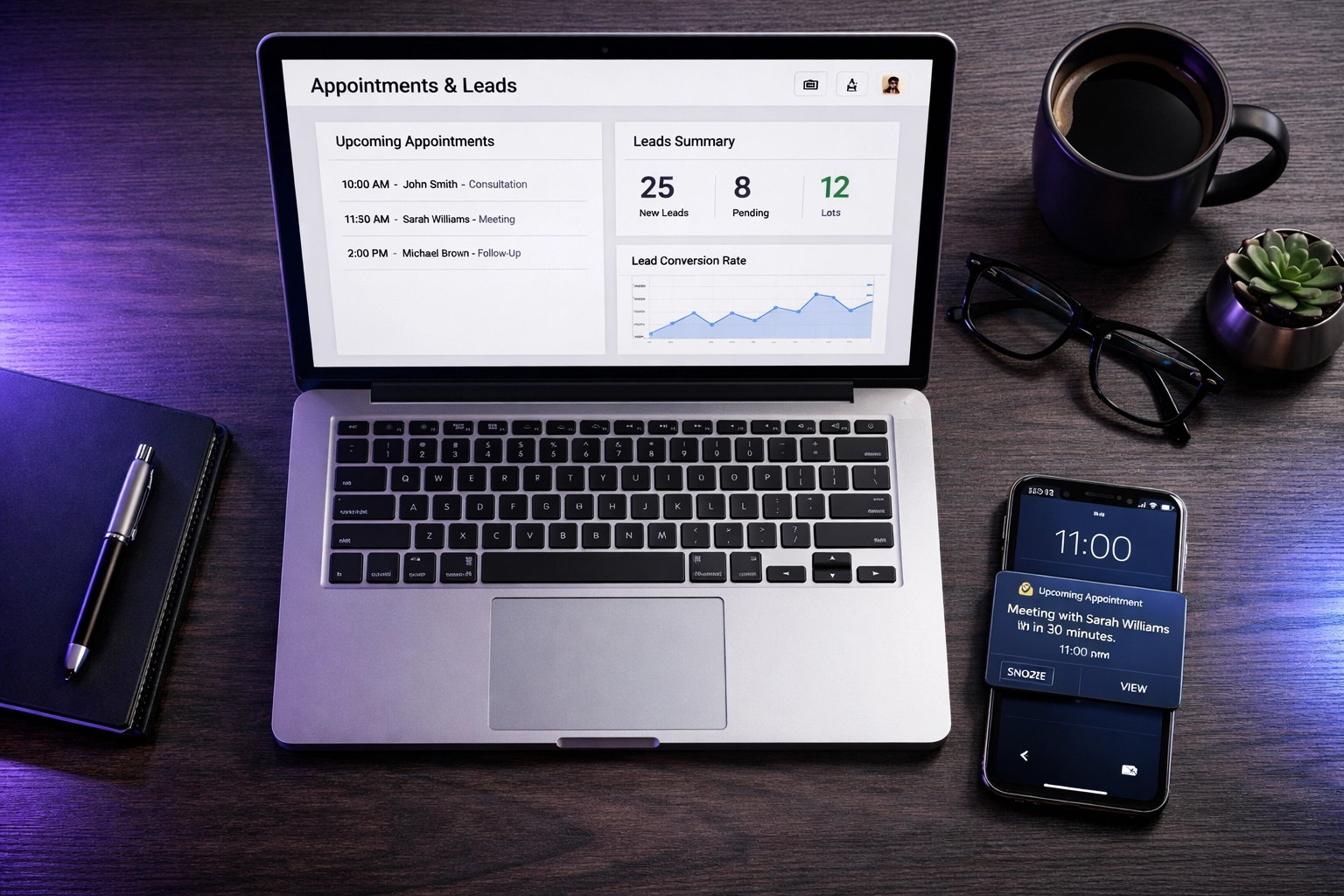 Business dashboard displaying AI receptionist appointment bookings and lead management system