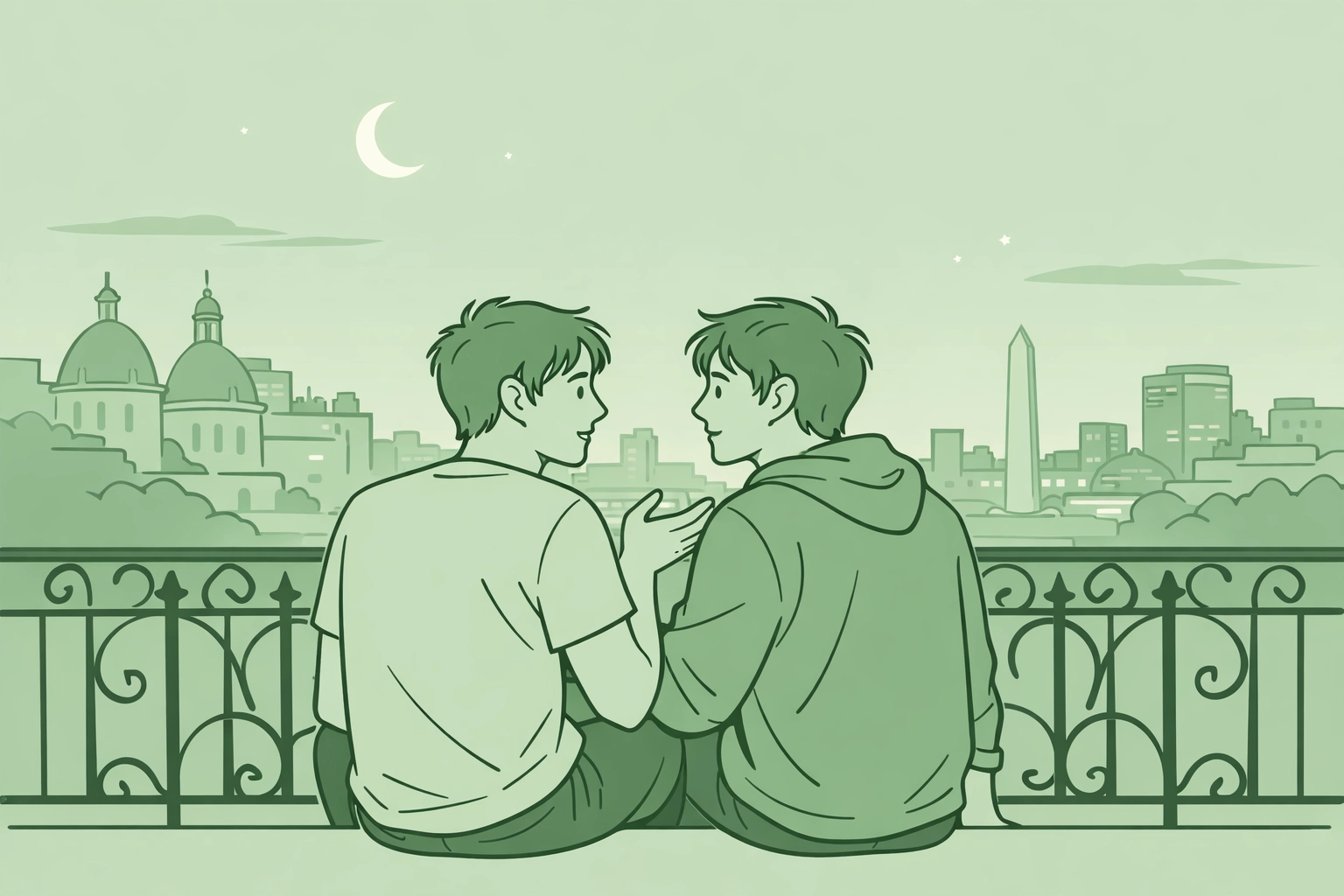 Step-brothers sharing intimate conversation on Buenos Aires balcony overlooking city at dusk