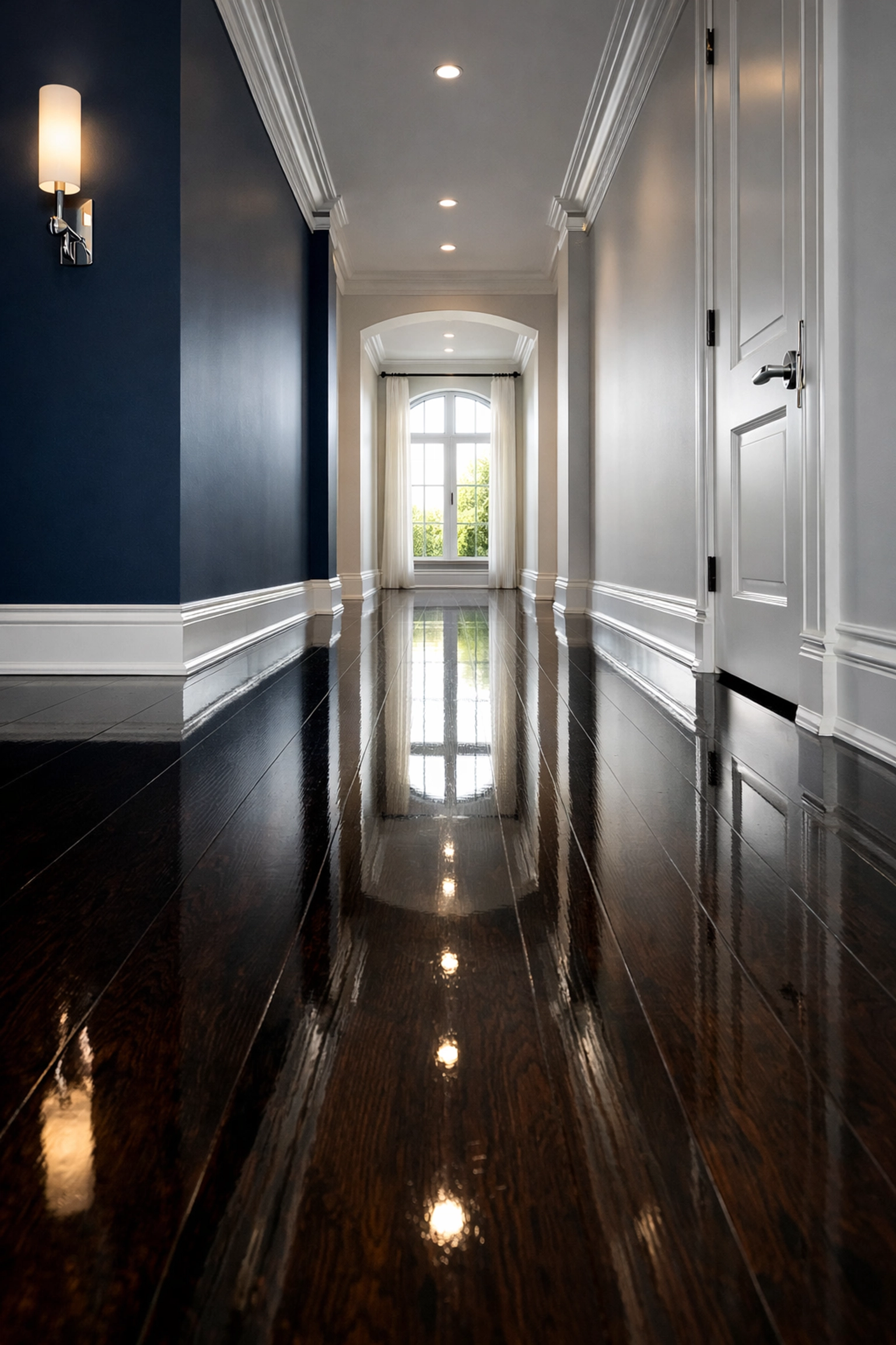 Gleaming polished hardwood floors in a modern hallway after professional deep cleaning services.