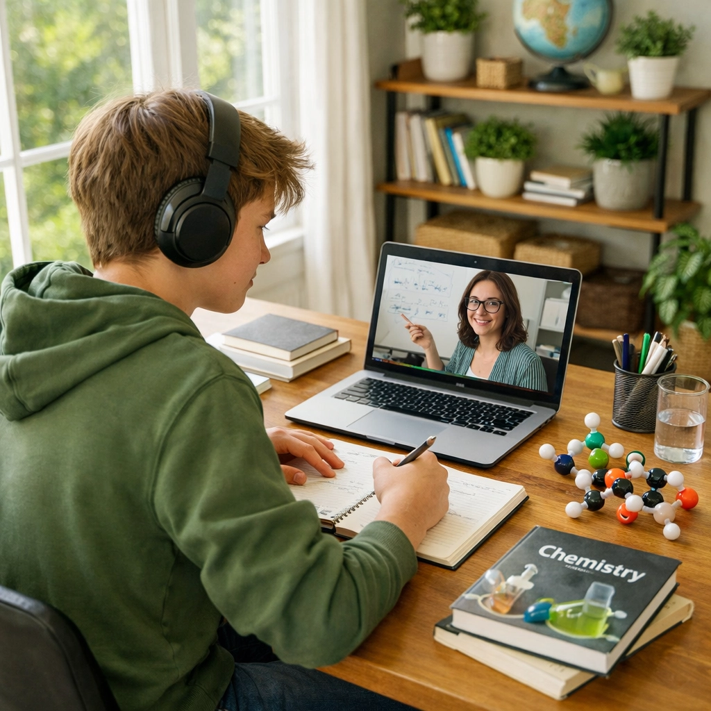 Homeschooled student studying A-Level Chemistry with online tutor in modern home study space